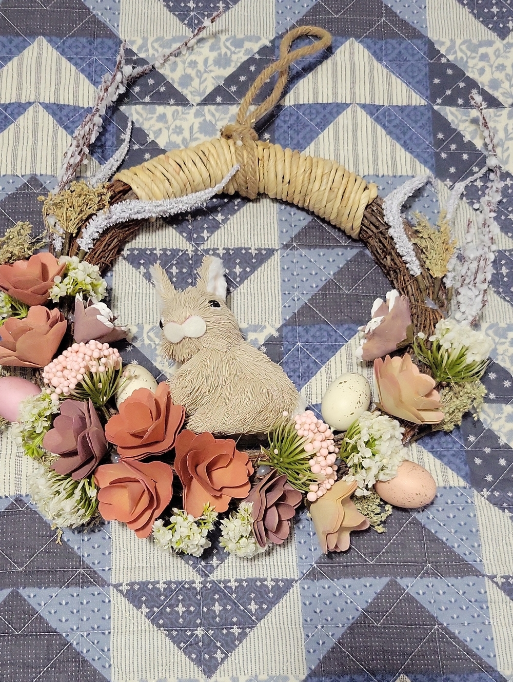 NWOT- Rustic Bunny Spring Wreath with Pink and Peach Blooms